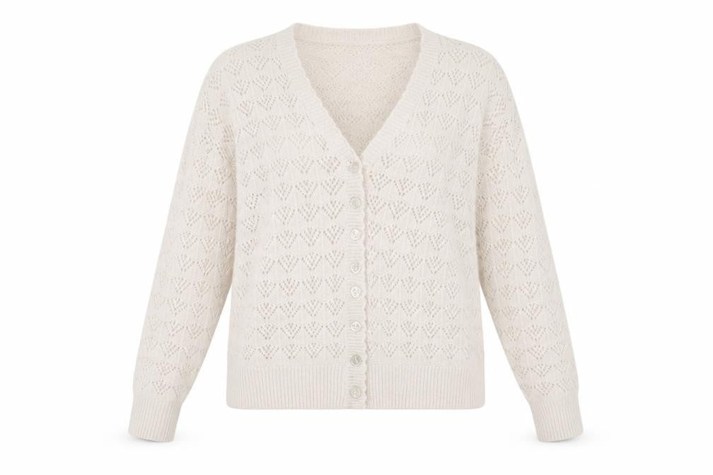 Front view of Oasis Women Beige Wool Blend V-Neck Button Cardigan, size M
