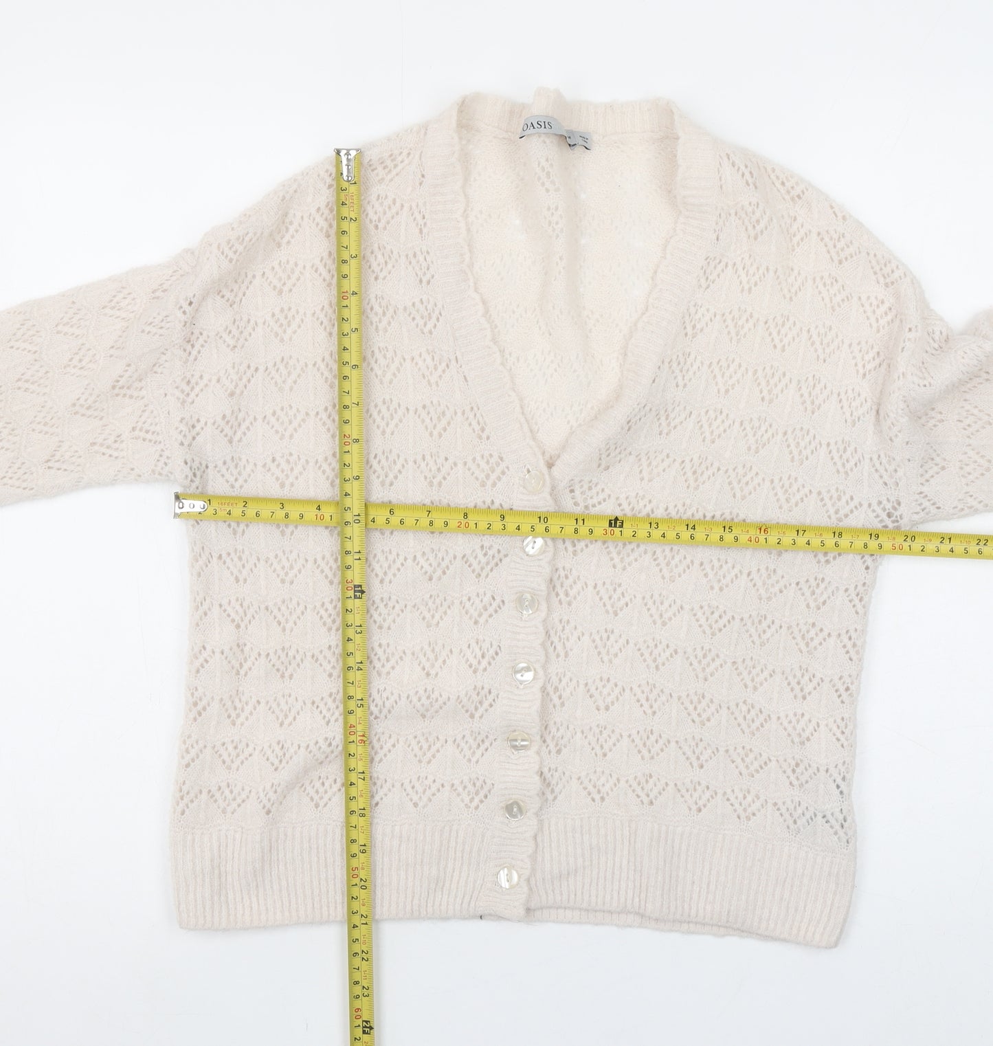 Oasis Women Beige Wool Blend V-Neck Button Cardigan Size M