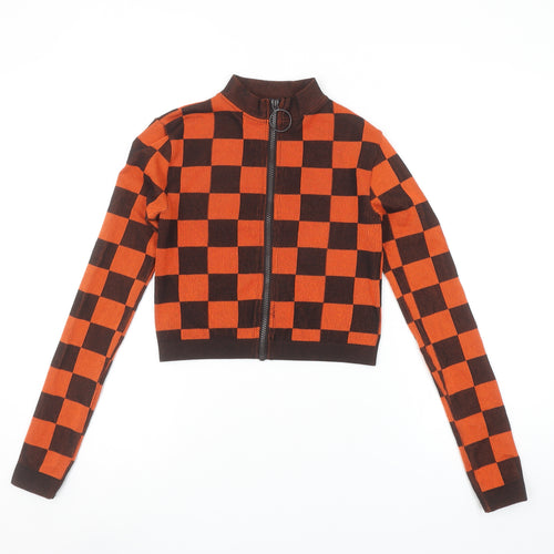 ZARA Women Orange Check Cropped Knit Zip Top XS