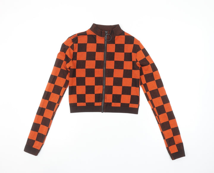 ZARA Women Orange Check Cropped Knit Zip Top XS
