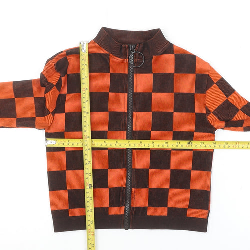 ZARA Women Orange Check Cropped Knit Zip Top XS