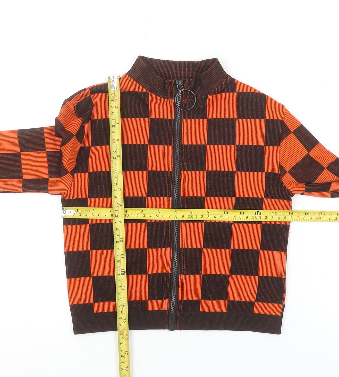 ZARA Women Orange Check Cropped Knit Zip Top XS