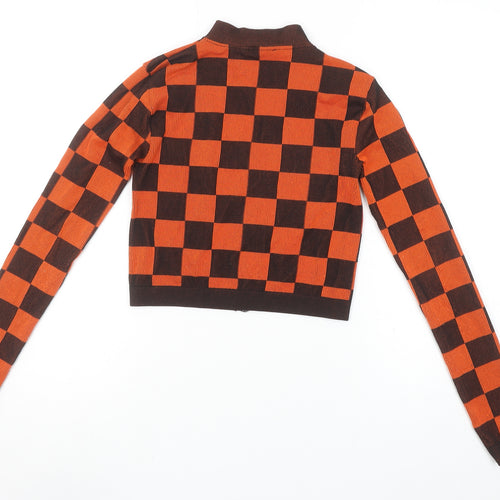 ZARA Women Orange Check Cropped Knit Zip Top XS