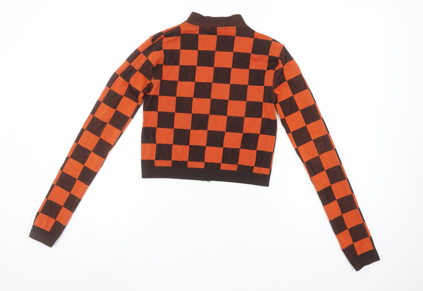 ZARA Women Orange Check Cropped Knit Zip Top XS