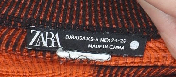 ZARA Women Orange Check Cropped Knit Zip Top XS