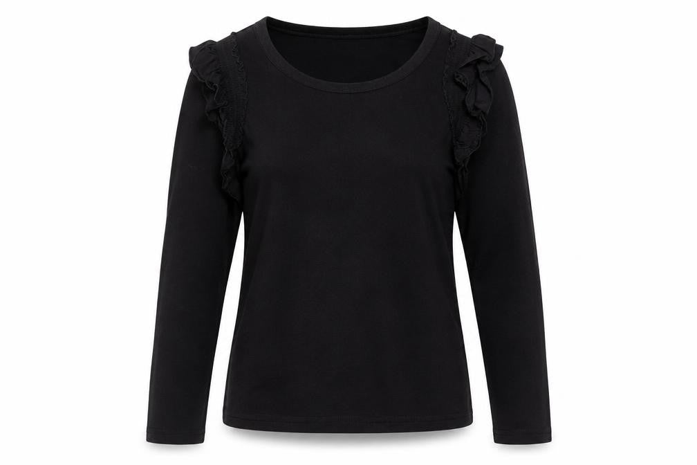Front view of River Island women’s black ruffle shoulder long sleeve top uk 14