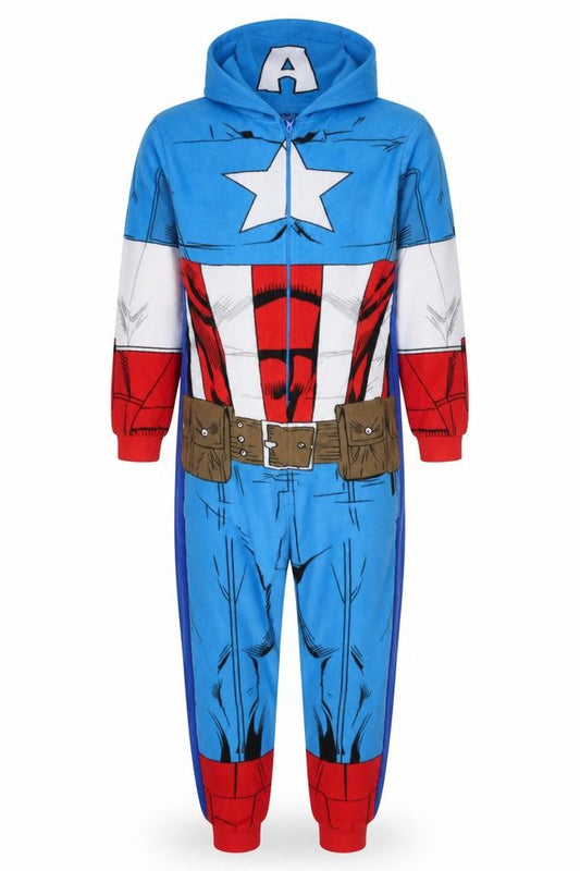 Marvel Men’s Captain America Fleece Onesie M Hooded Zip Up Nightwear