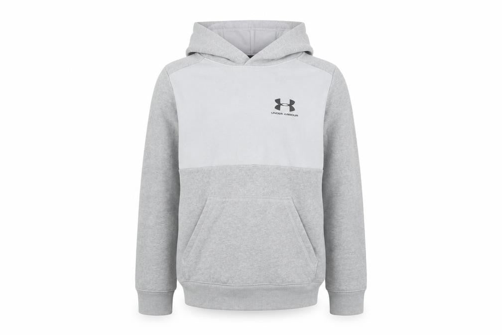 Front view of Under Armour boys’ grey pullover hoodie medium coldgear fleece