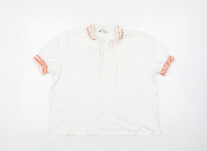 ZARA Women White Embroidered Collar Short Sleeve Cotton Tunic Blouse L