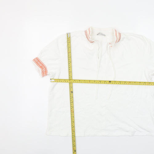 ZARA Women White Embroidered Collar Short Sleeve Cotton Tunic Blouse L