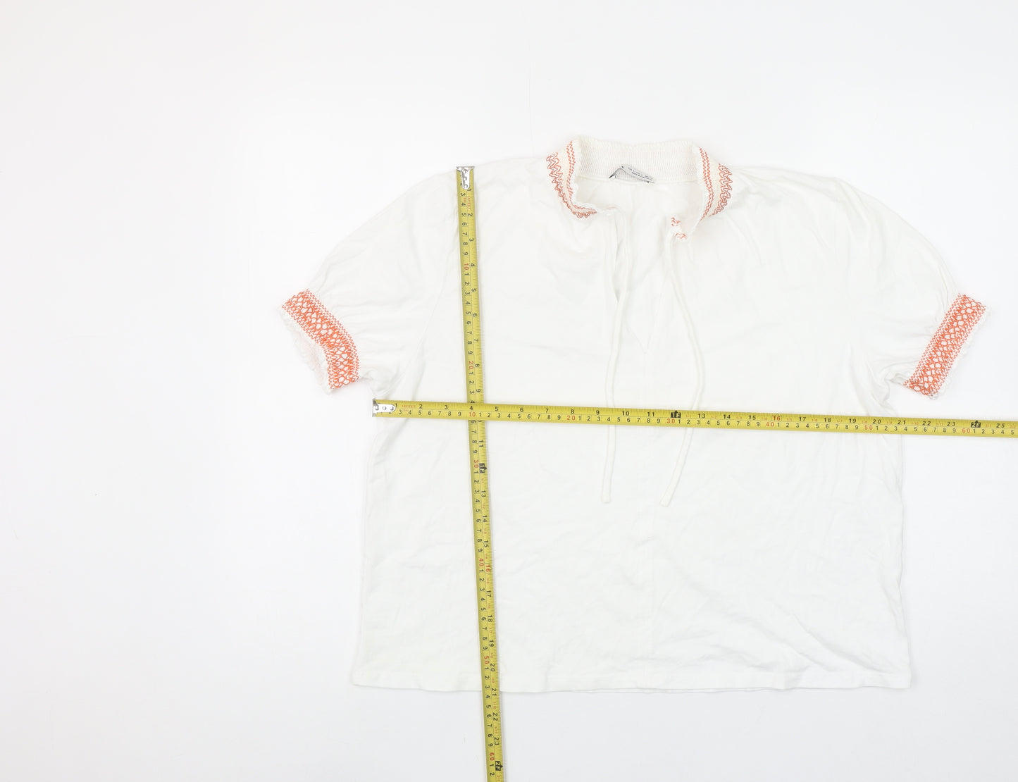 ZARA Women White Embroidered Collar Short Sleeve Cotton Tunic Blouse L