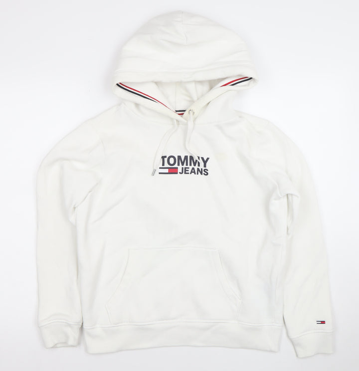 Tommy Jeans Women White Hooded Pullover Hoodie Medium Cotton Blend