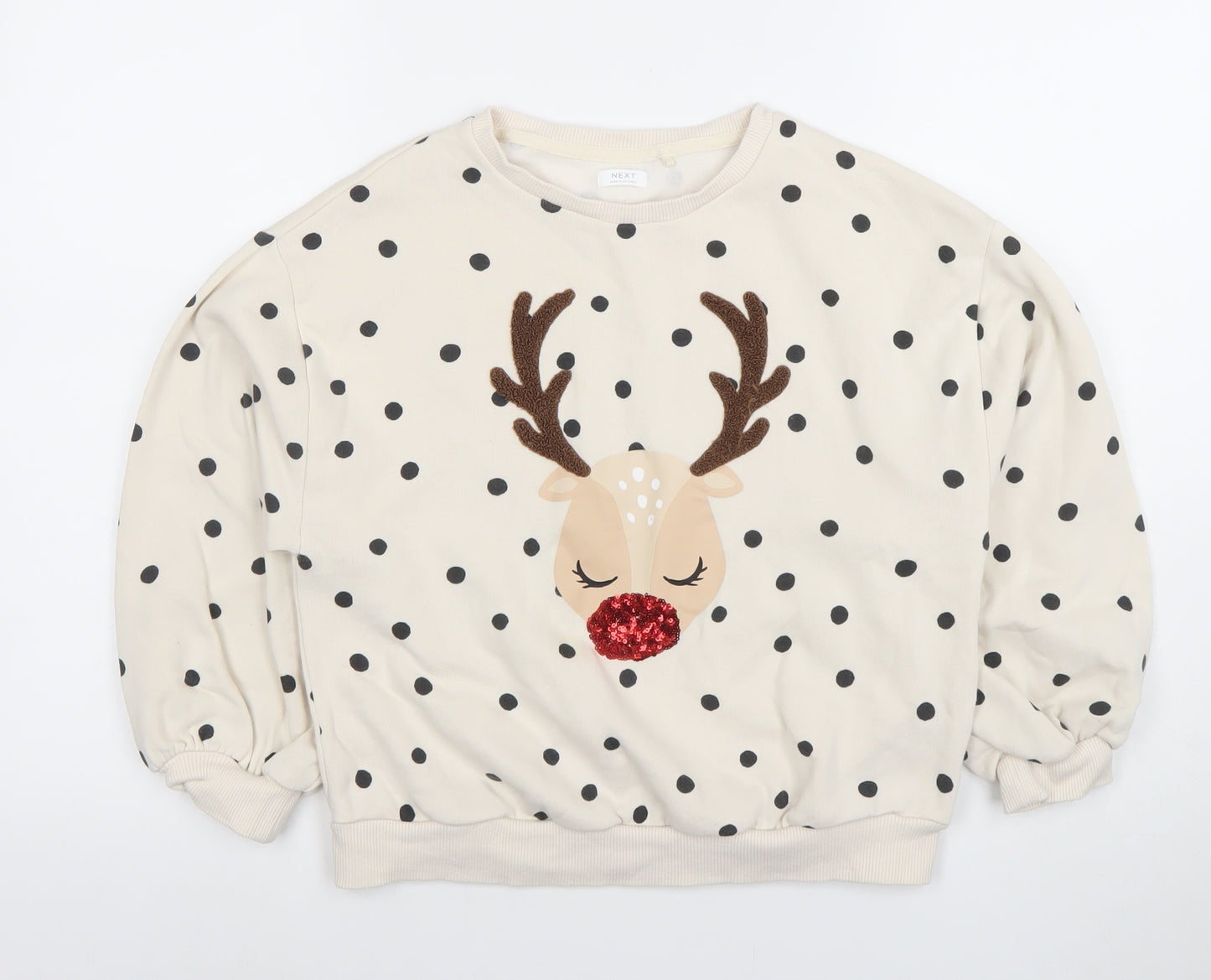 Next Girls Beige Polka Dot Reindeer Christmas Sweatshirt 11 Years