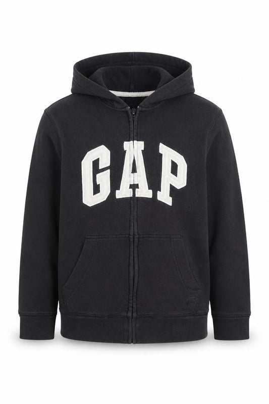 Front view of Gap Kids boys’ black full zip hoodie, size 10-11, years cotton blend