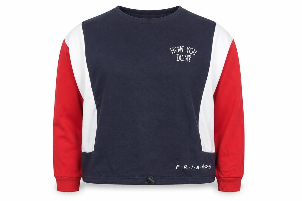 Front view of Friends TV Show Women's Navy Colourblock Pullover Sweatshirt M