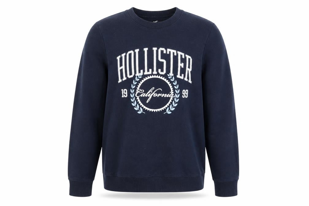 Front view of Hollister Men’s Blue Medium Crew Neck Sweatshirt Pullover Classic Logo