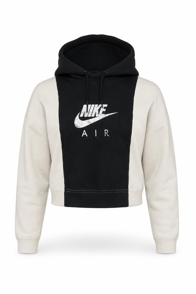 Front view of Nike Women’s Black Beige Colourblock Hooded Pullover Sweatshirt, size S