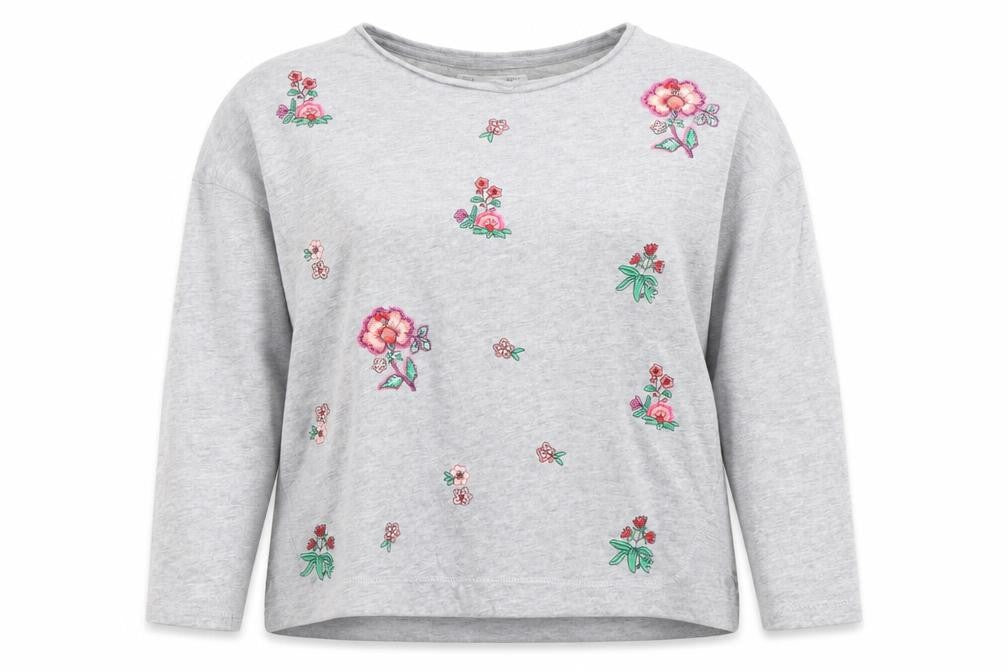 Front view of Sfera Women Grey Embroidered Floral Pullover Sweatshirt M