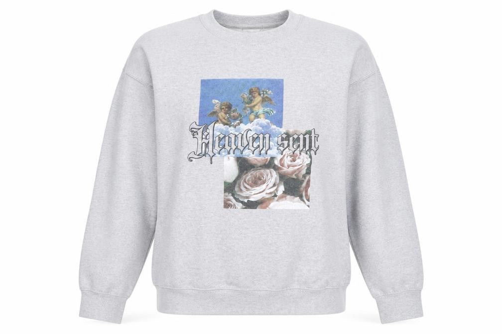 Front view of Spotted Grey Heaven Sent Graphic women’s medium pullover sweatshirt