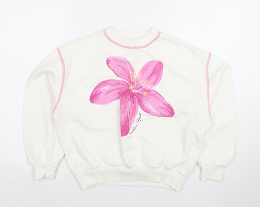 ZARA Girls White Floral Pullover Sweatshirt 11-12 Years Cotton Fleece