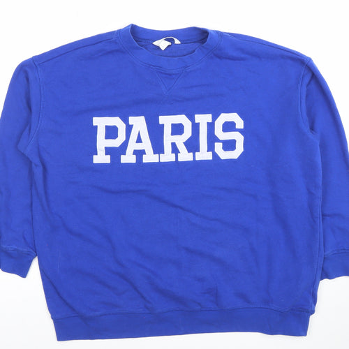 H&M Women Blue PARIS Crew Neck Sweatshirt Size 14 Cotton Blend