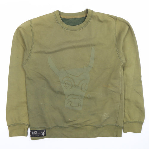 Ushi Mens Green Cotton Crew Neck Sweatshirt Size L