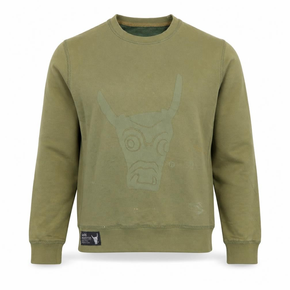 Front view of Ushi men’s green cotton crew neck sweatshirt, size L