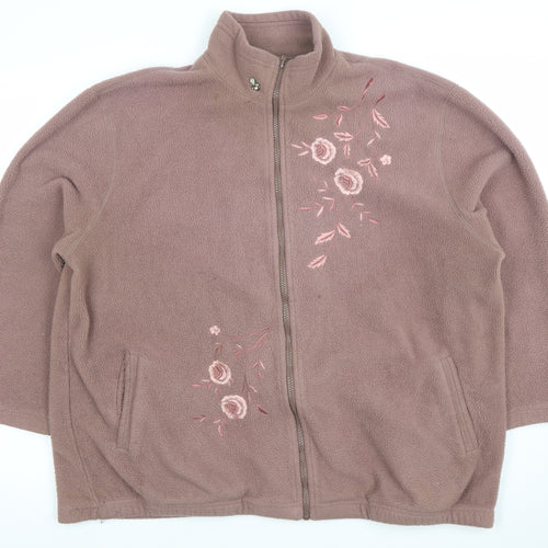 Affections Women Brown Embroidered Fleece Zip Jacket XL