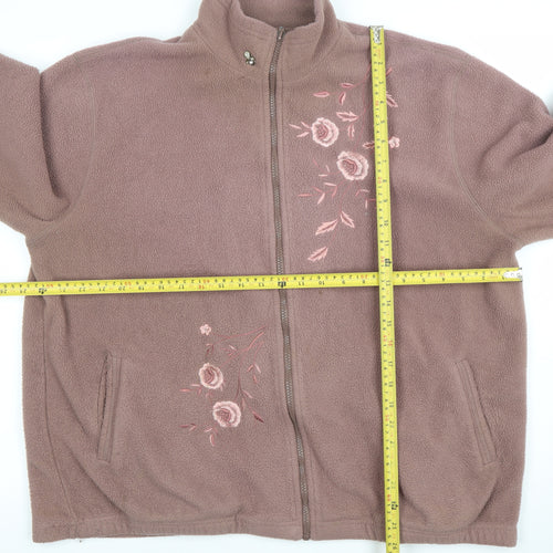 Affections Women Brown Embroidered Fleece Zip Jacket XL