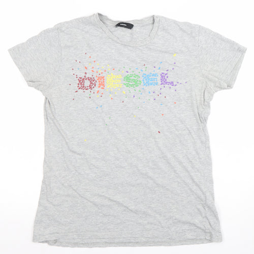 Diesel Womens Grey Rainbow Logo Cotton T-Shirt M