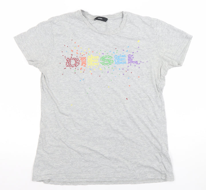 Diesel Womens Grey Rainbow Logo Cotton T-Shirt M