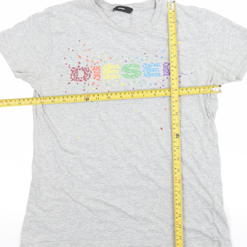 Diesel Womens Grey Rainbow Logo Cotton T-Shirt M