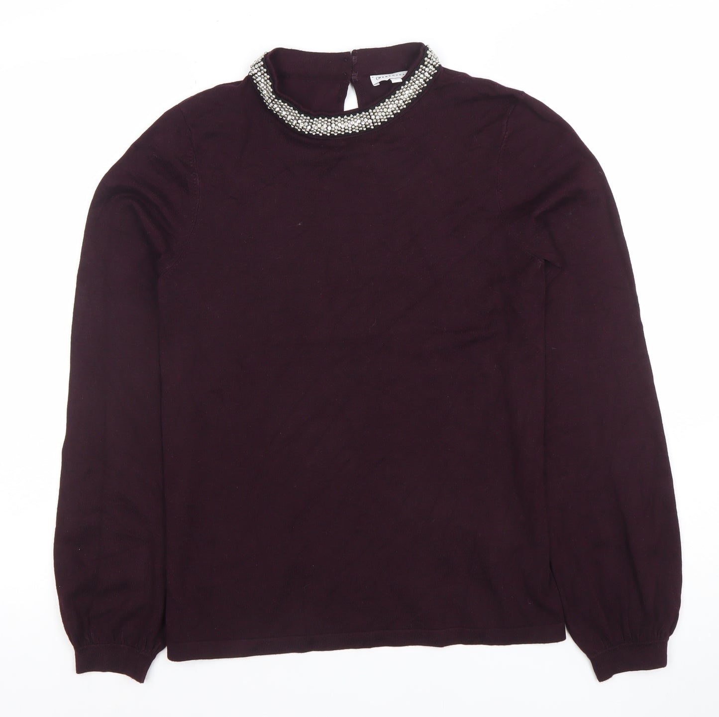 Warehouse Womens Purple Beaded High Neck Long Sleeve Blouse Size 12