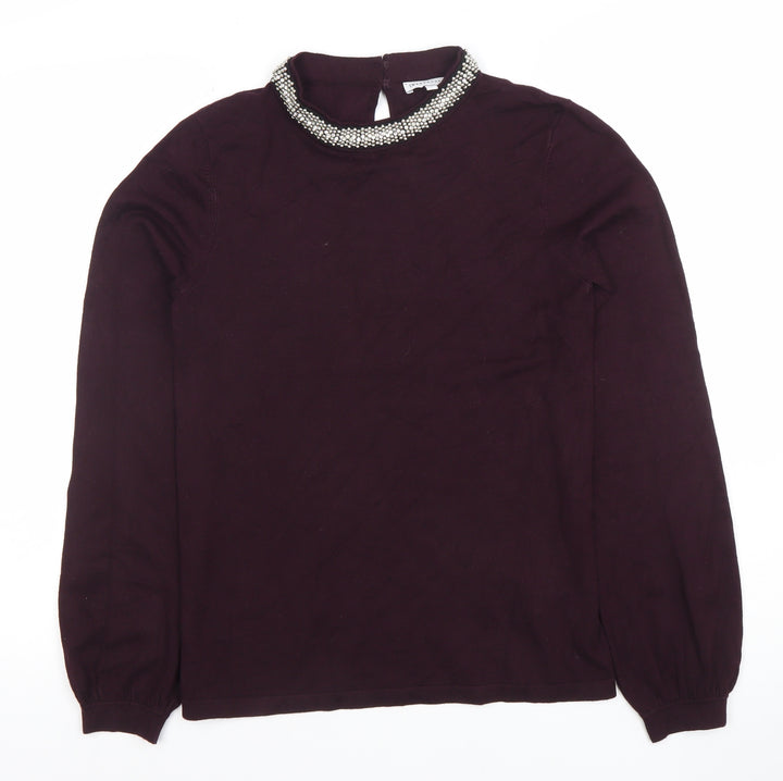 Warehouse Womens Purple Beaded High Neck Long Sleeve Blouse Size 12