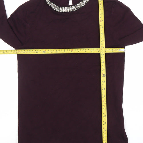 Warehouse Womens Purple Beaded High Neck Long Sleeve Blouse Size 12