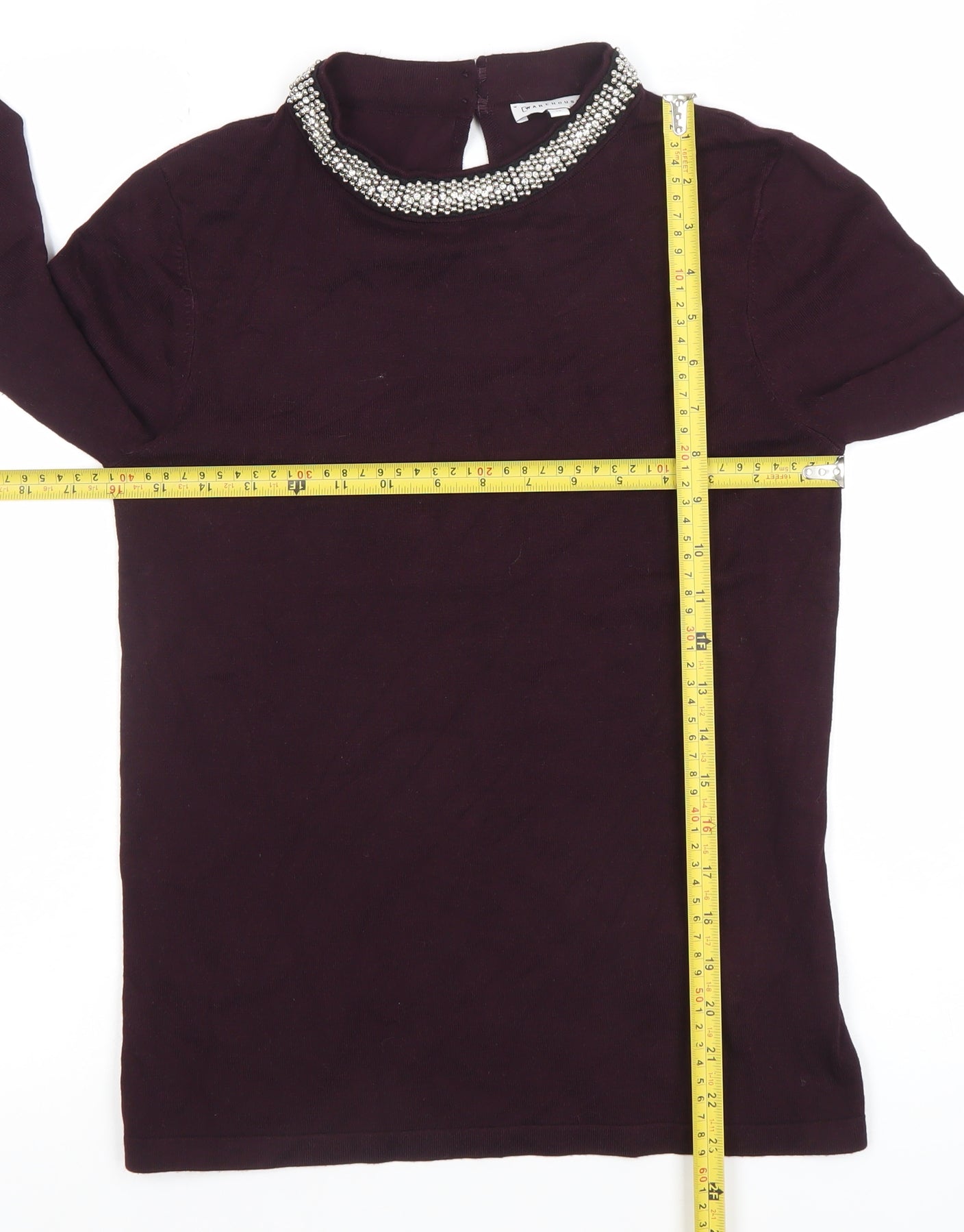 Warehouse Womens Purple Beaded High Neck Long Sleeve Blouse Size 12