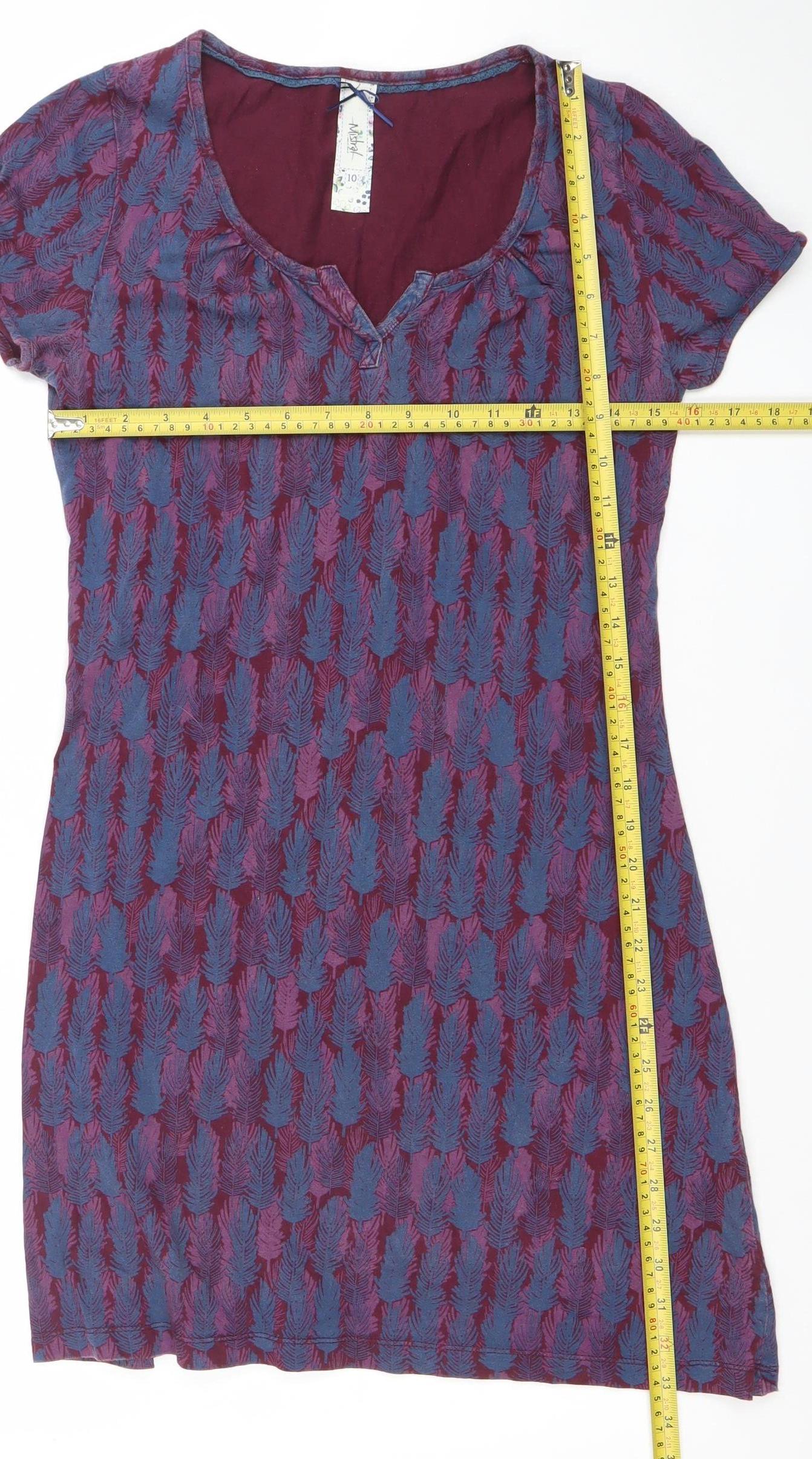 Mistal Womens Purple Feather Print Cotton Shift Dress Size 10