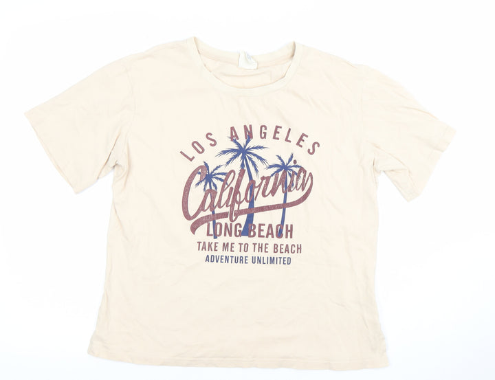 PINKSEA Womens Beige California Print T-Shirt Size M Casual Short Sleeve