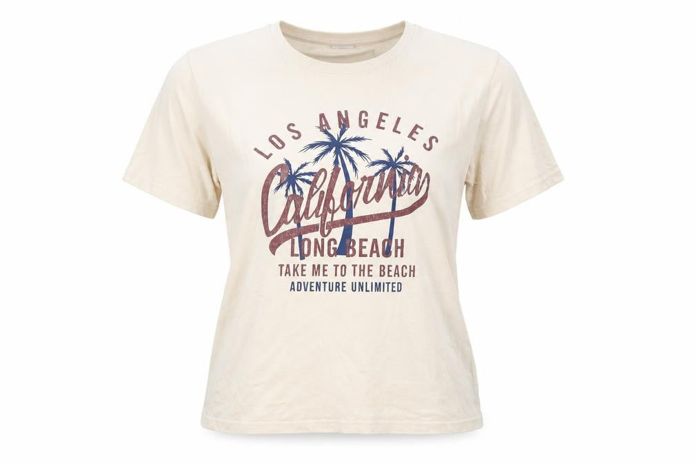 PINKSEA Womens Beige California Print T-Shirt Size M Casual Short Sleeve