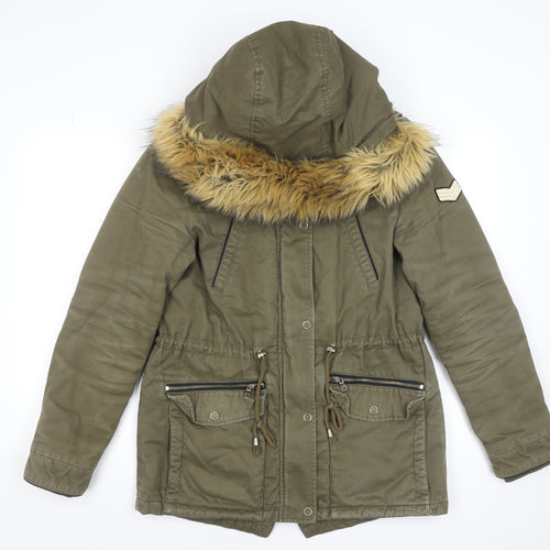 Pimkie Women's Green Fur Trim Hooded Parka Coat Size 10