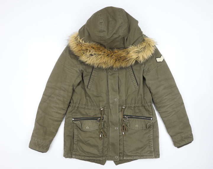 Pimkie Women's Green Fur Trim Hooded Parka Coat Size 10