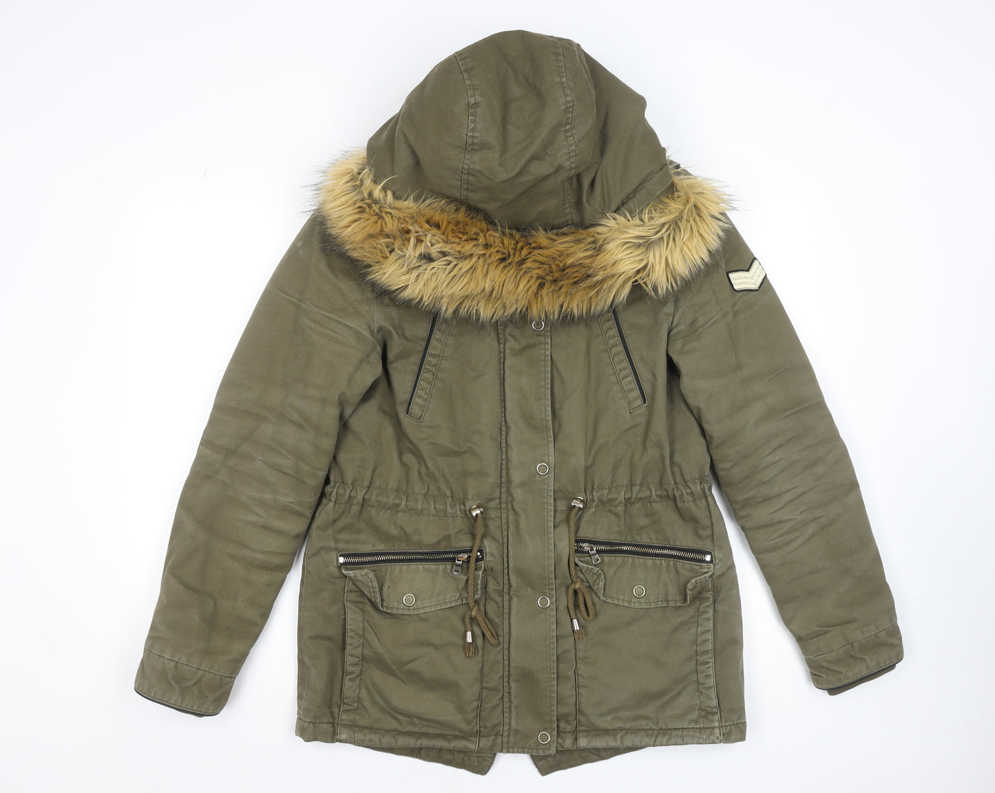 Pimkie Women's Green Fur Trim Hooded Parka Coat Size 10
