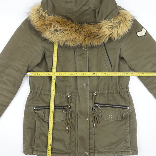 Pimkie Women's Green Fur Trim Hooded Parka Coat Size 10