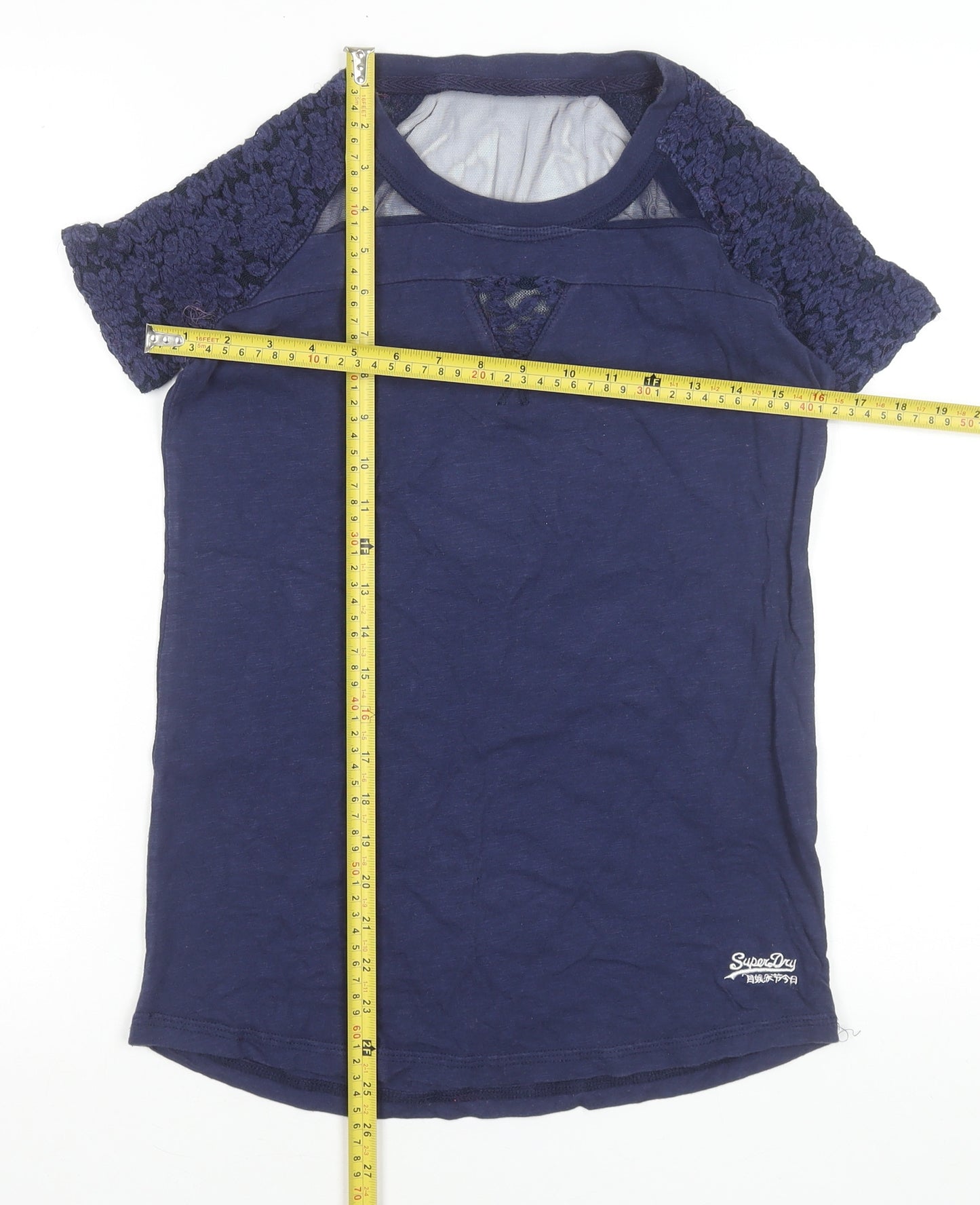 Superdry Womens Blue Lace Sleeve Short Sleeve Jersey T-Shirt Size S