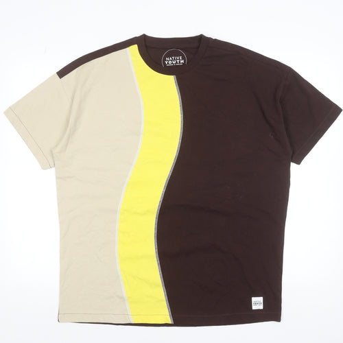Native Youth Men’s Brown Beige Yellow Colourblock Crew Neck Cotton T-Shirt M