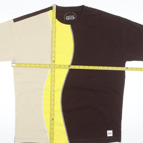 Native Youth Men’s Brown Beige Yellow Colourblock Crew Neck Cotton T-Shirt M