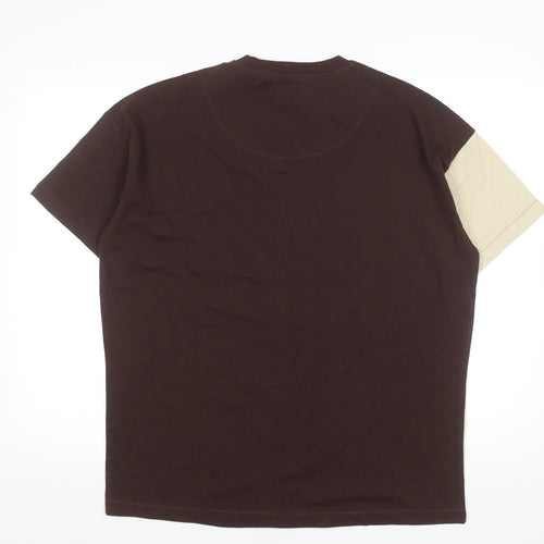 Native Youth Men’s Brown Beige Yellow Colourblock Crew Neck Cotton T-Shirt M