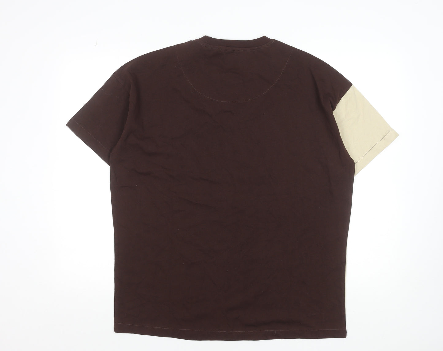 Native Youth Men’s Brown Beige Yellow Colourblock Crew Neck Cotton T-Shirt M
