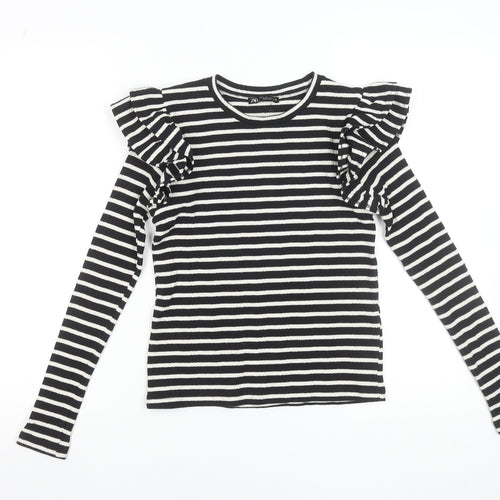 Zara Womens Black Striped Ruffle Long Sleeve T-Shirt Size S