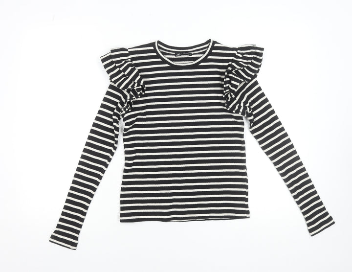 Zara Womens Black Striped Ruffle Long Sleeve T-Shirt Size S